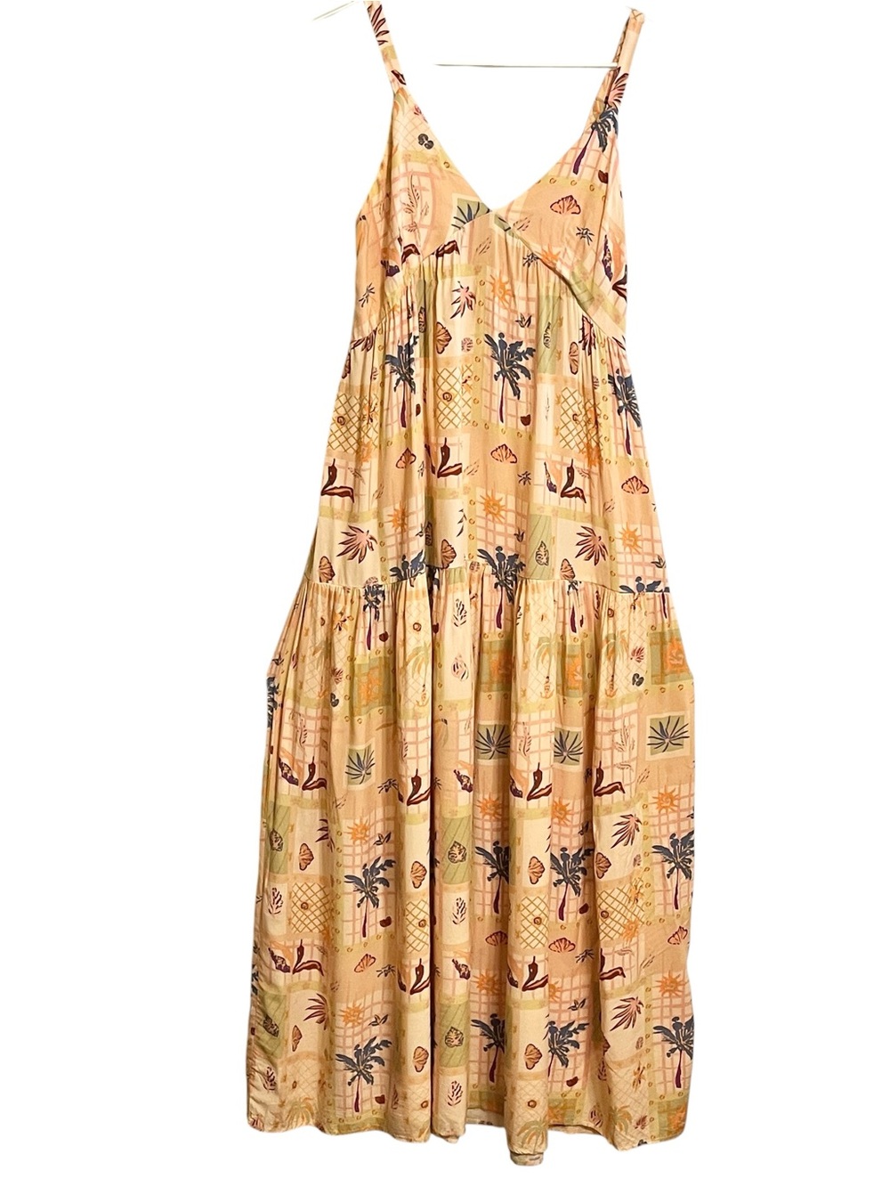 Tea Mints Babydoll Tropical Tiered Smocked Maxi Dress Small